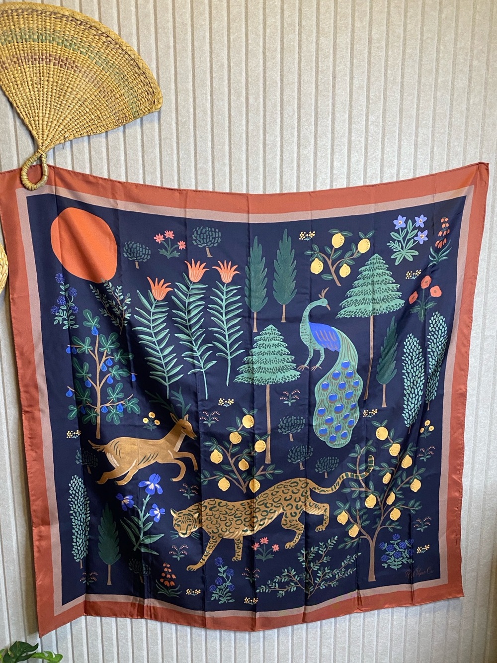 Rifle Paper Co. Menagerie Les Fauves Silk Scarf Art Leopard Peacock Forest 34”